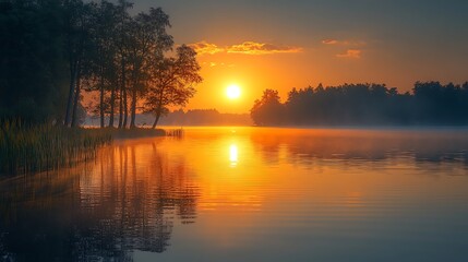 Obraz premium Golden sunrise over still lake