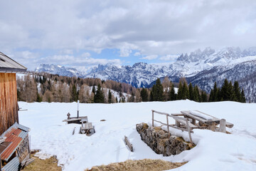 March 2025: winter landscape at Ski Area in Dolomites, Italy - Alpe Lusia. Ski resort in val di...
