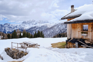 March 2025: winter landscape at Ski Area in Dolomites, Italy - Alpe Lusia. Ski resort in val di...