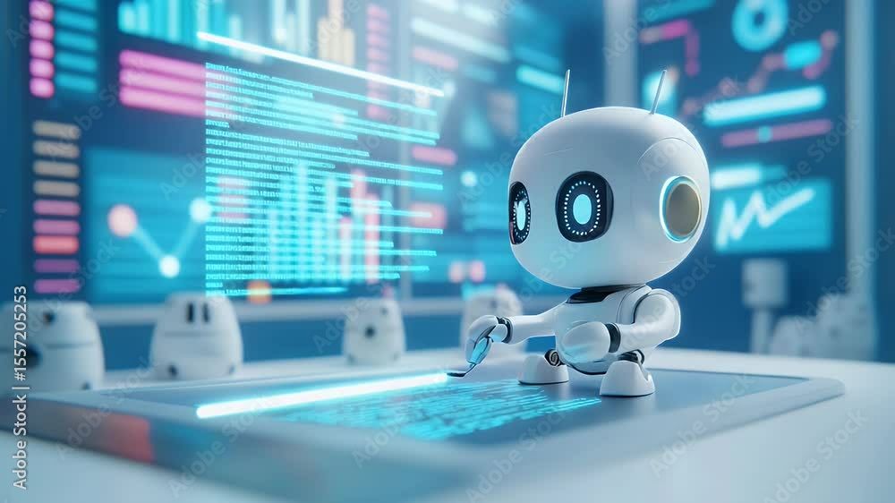 Poster a small, white robot interacts with a holographic display screen