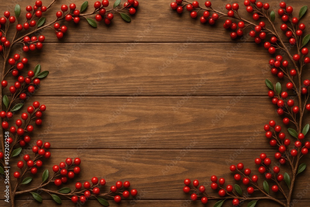 Poster holiday-themed decorative branches adorned with berries on rustic wooden surface with ample space fo