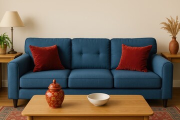 Elegant blue sofa with red cushions and decorative accents, creating a cozy and stylish living space