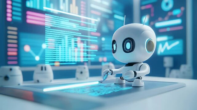 A small, white robot interacts with a holographic display screen