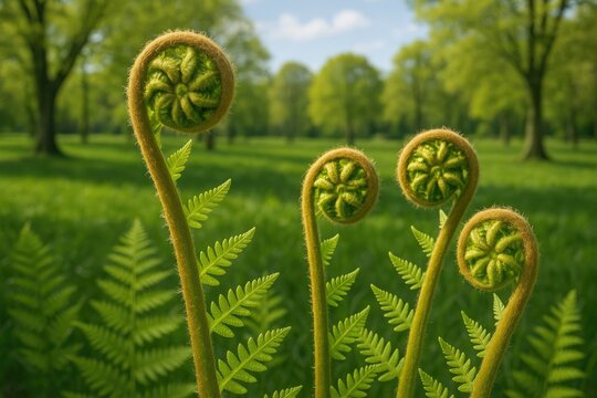 Young cinnamon fern fiddleheads exhibiting circinate vernation in a lush park setting