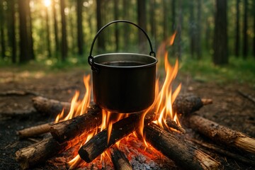 Preparing a meal over an open flame using a pot