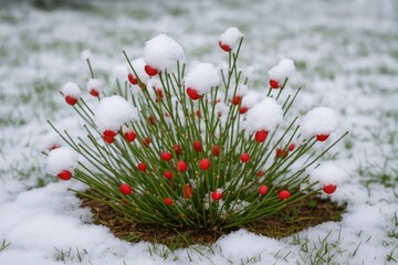 Wintertime garden scene showcasing snow-covered Ephedra distachya branches