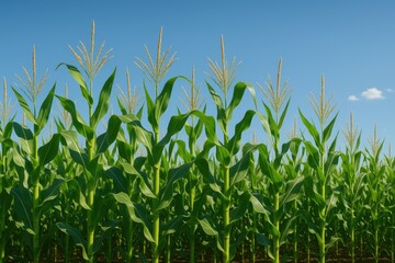 Maize crops thriving under a clear blue sky in a rural landscape