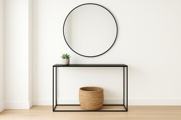 Minimalist modern entryway with round mirror and black console