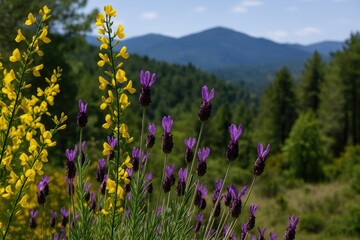 Different types of flowers from the cytisus scoparius and lavandula stoechas plants