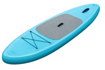 Blue paddleboard featuring a non-slip deck and bungee cords, isolated on a transparent background, ideal for water sports enthusiasts