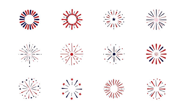 Collection of Red White and Blue Firework Burst Designs on White Background
