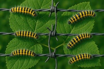 Fototapeta premium Vivid caterpillars climbing along sharp wire
