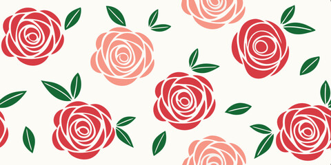 Red and Pink Rose Pattern: A charming seamless pattern featuring stylized red and pink roses with green leaves, perfect for adding a touch of elegance to various design projects.