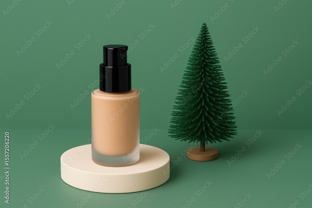 Poster elegant minimal setup featuring a foundation bottle displayed on a platform alongside a festive pine