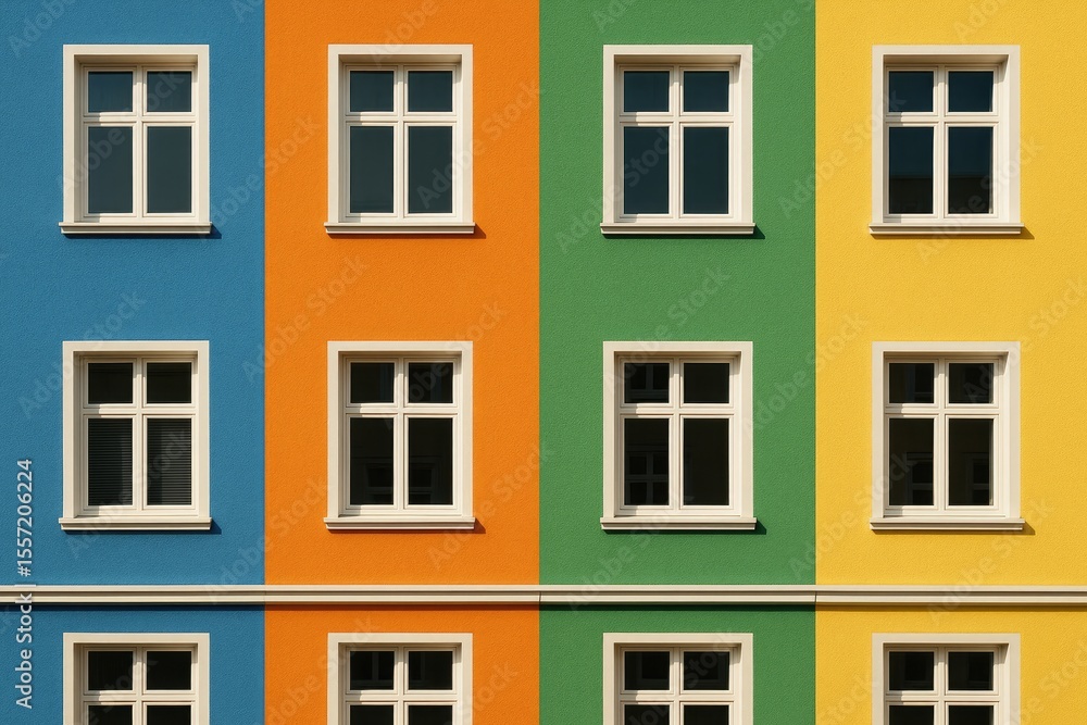 Poster vibrant structure featuring window designs and architectural elements