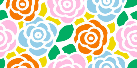 Floral Symphony: A vibrant pattern of colorful roses bursts forth with cheerful energy, showcasing a kaleidoscope of petals, stems and leaves in a seamless repeat.
