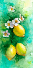Hand drawn lemons and flowers illustration. Watercolor bright illustration. Yellow citrus with white flowers and green leaves for poster, prints, menu, postcard or textile.