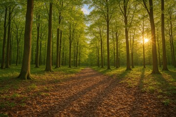 Nighttime in the forest with ancient foliage and towering trees