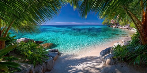 Beautiful wide panorama of tropical paradise summer beach with white sand and palm leaves
