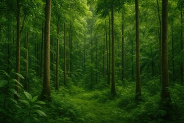 Fototapeta premium Lush woodland scene with vibrant foliage and towering trees