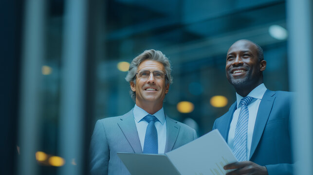 Colleagues reviewing financial reports in a glass meeting room