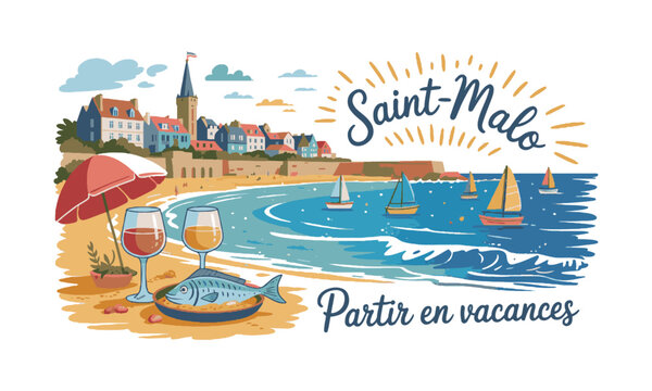 Vector illustration capturing a sunny seaside vacation scene inspired by the Saint-Malo t-shirt print, a coastal village with red-roofed houses and a tower, beachside umbrella, easily editable.
