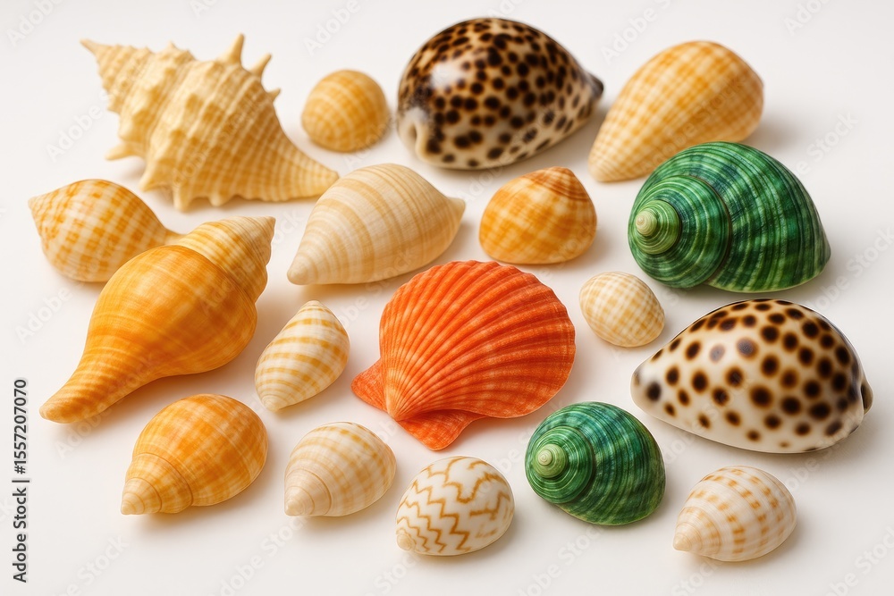 Poster display of diverse sea shells with varied shapes and colors, captured with selective focus on a whit