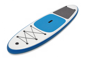 Blue and white inflatable sup board isolated on transparent background, perfect for watersports and summer activities