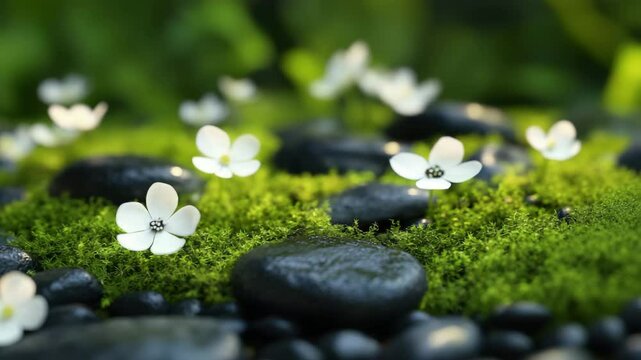 White flower green moss black stone nature garden peaceful fresh outdoor spring relaxation, delicate white flowers bloom among vibrant green moss and smooth black stones, creating tranquil garden