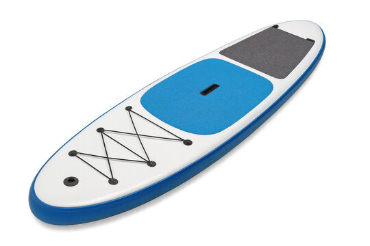 Blue and white inflatable sup board isolated on transparent background, perfect for watersports and summer activities