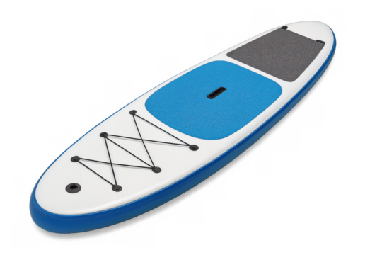Blue and white inflatable sup board isolated on transparent background, perfect for watersports and summer activities