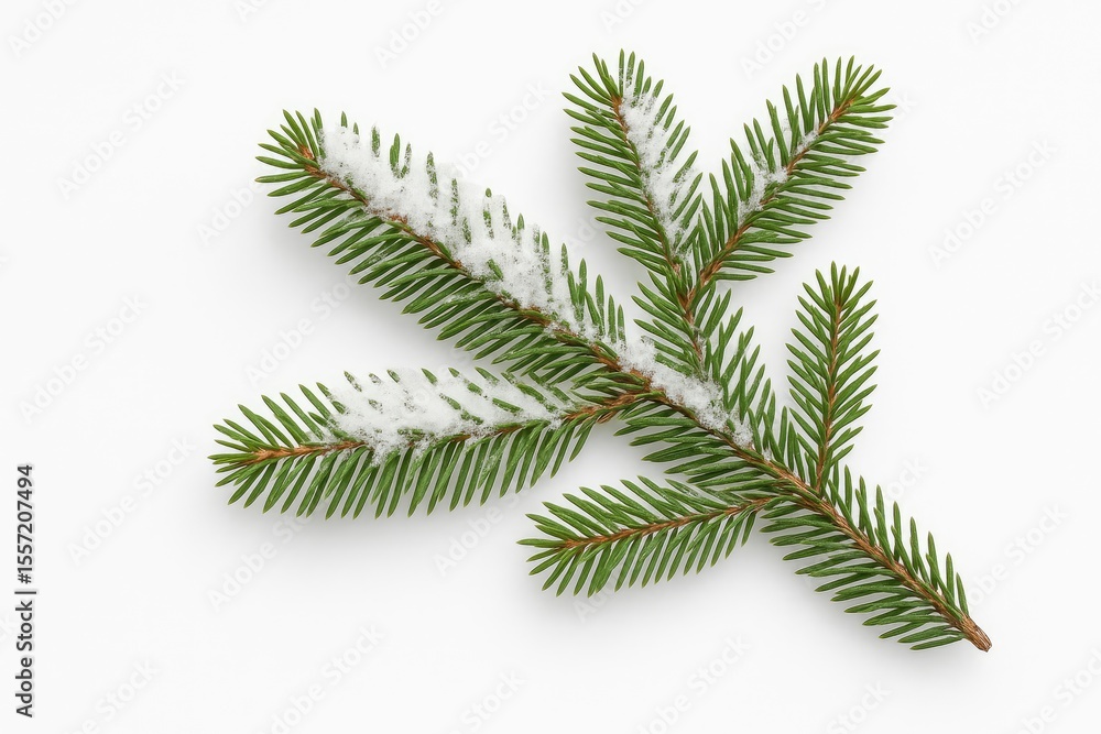 Poster evergreen coniferous branch displayed on a plain white backdrop