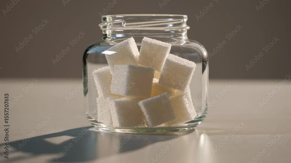 Poster white sugar cubes are contained in a small transparent glass jar, casting a shadow on a white surfac
