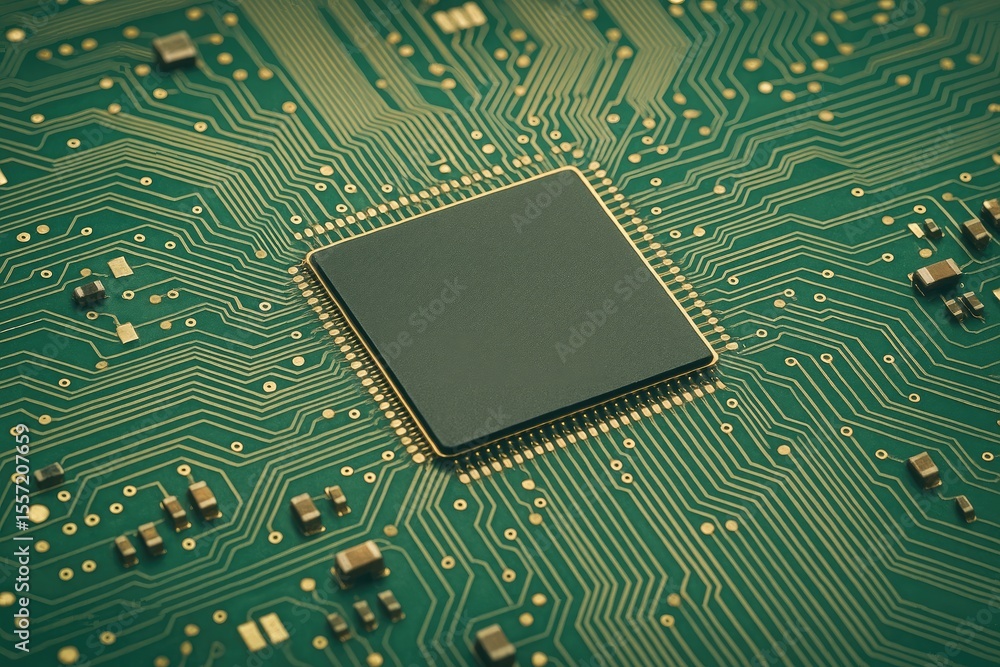 Poster detailed view of a microchip on a circuit board with vintage styling
