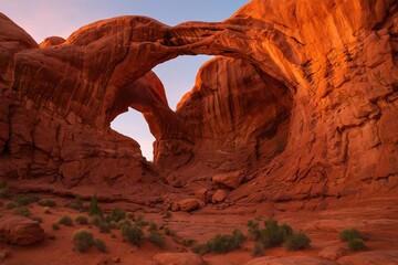 Morning sunrise over a double arch rock formation in a national park with vibrant red and pink hues