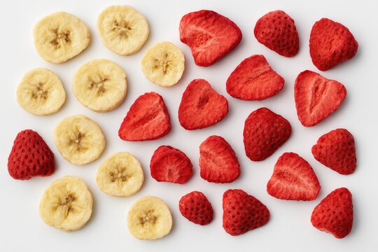 Dehydrated fruit slices on a plain white backdrop