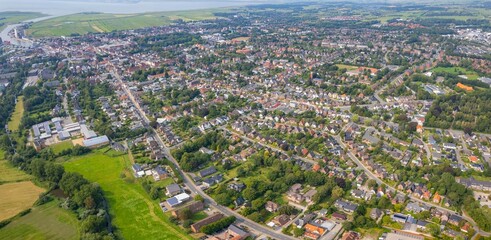 An arial view from the old town in the city Husum in Germany on a sunny day in spring