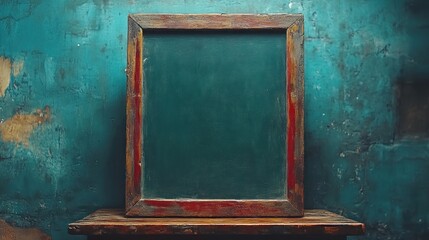 Aged chalkboard on rustic wooden stand against teal wall