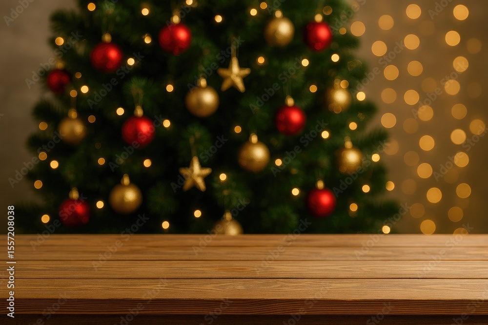 Poster empty table setup with festive decorations and christmas tree in the background for product showcase