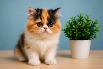 Adorable calico Persian kitten resting beside a faux green plant, captured in a close-up shot with blurred background