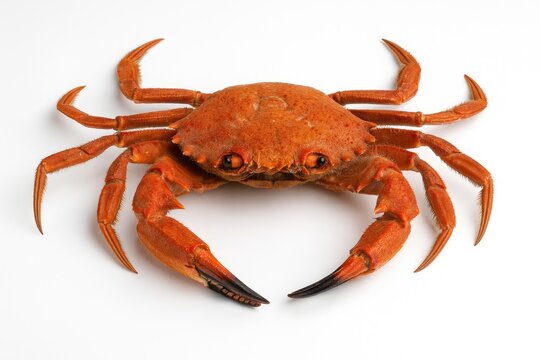 Detailed shot of a prepared velvet crab against a plain white backdrop