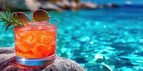 cocktail drink and sunglasses on stone pool background near blue swimming pool, top view, copy space. Sun protection concept.