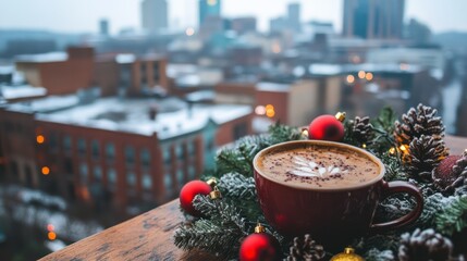 Winter cityscape view with festive coffee and decorations.