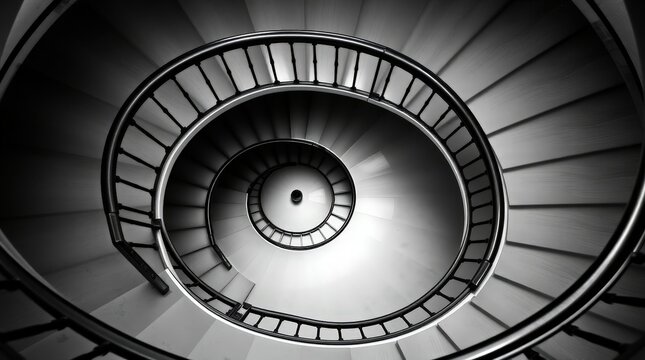 Black and white spiral staircase with elegant railing, dramatic light and shadow, abstract architectural perspective from above showing flowing curves, symmetry and timeless minimalistic design in cla