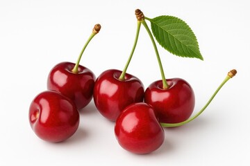 Juicy cherry berries displayed on a plain white surface