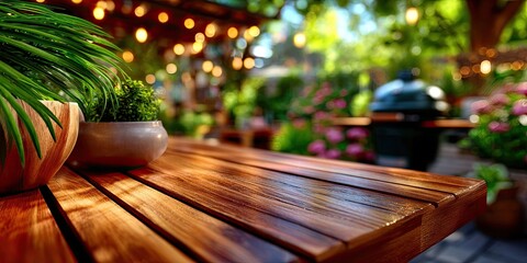 Empty wooden table and backyard with garden and barbecue grill. background in rafocus.