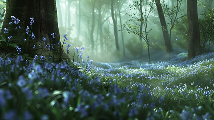 A field of bluebells in a misty forest with sunlight shining through the trees in the background