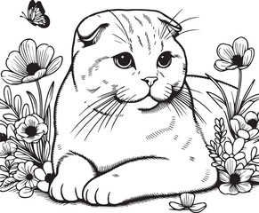 Scottish Fold Cat Vector in black and white
