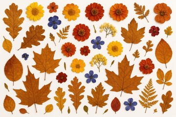 Obraz premium Arrangement of dried autumn foliage and blossoms on a natural backdrop for herbarium collections