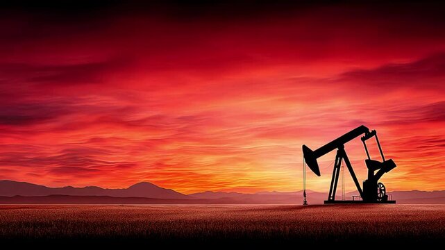 Silhouetted oil pump against vibrant sunset in tranquil countryside landscape